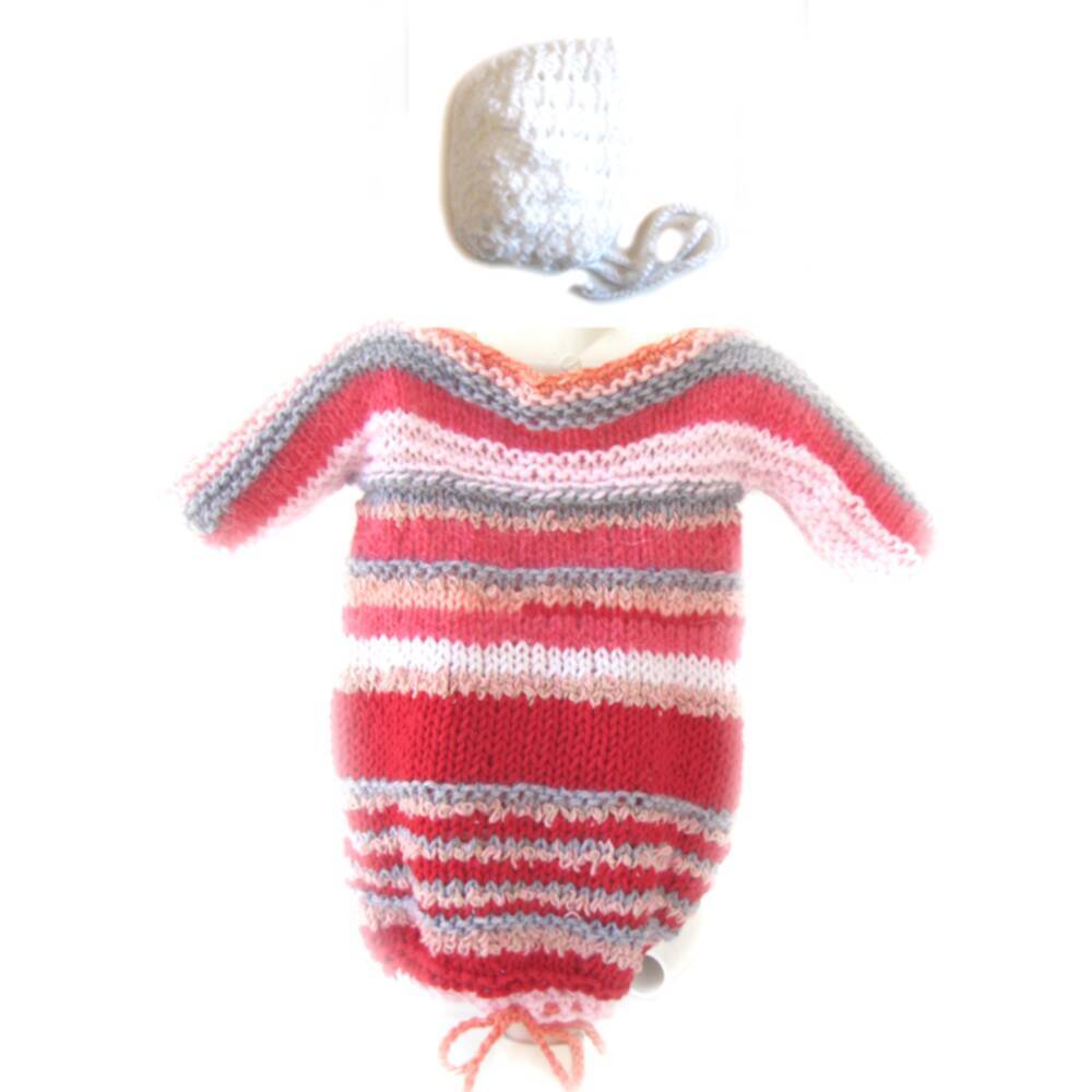 KSS Knitted Striped Baby bag in pink & Hat 0 - 6 Months - Click Image to Close