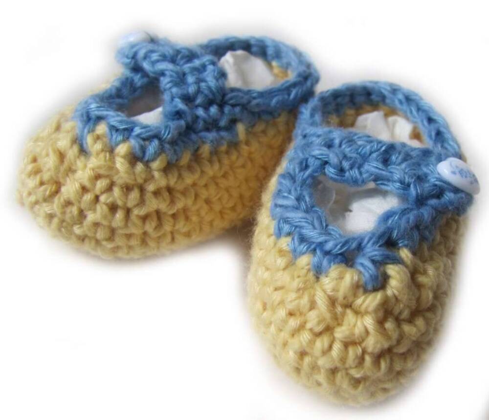 KSS Yellow/Blue Cotton Crocheted Mary Jane Booties (Newborn) KSS-BO-018
