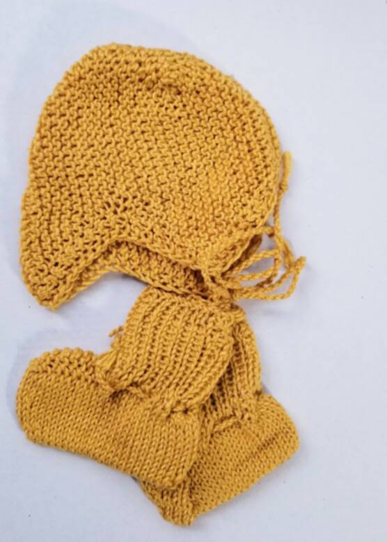 KSS Mustard Colored Cotton Baby Cap and Booties 11 - 12" (0 - 3 Months) KSS-BO-144