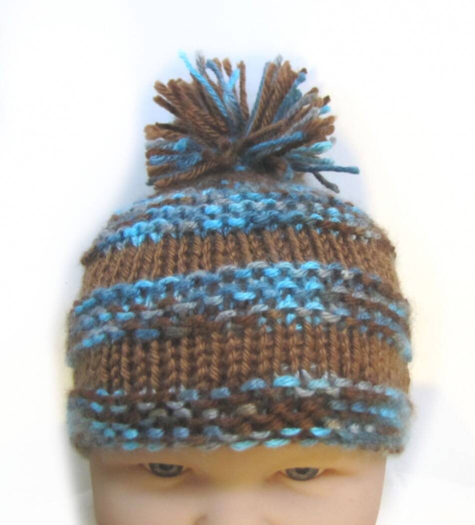 KSS Knitted Blue/Brown Hat with Pom Pom 15-16" (6 -24 Months) HA-453 - Click Image to Close