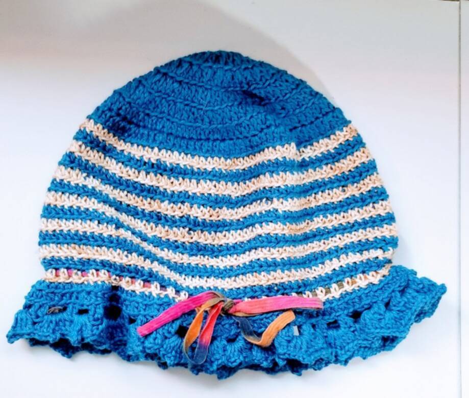 KSS Blue/Beige Crocheted Cotton Sunhat 15-16\" (12-24 Months) HA-750