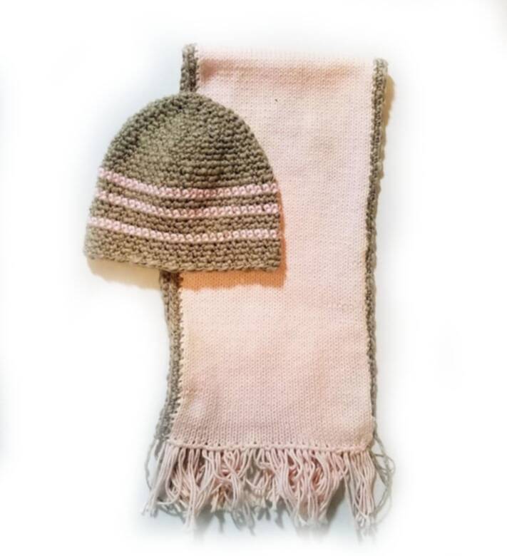KSS Pink/Taupe Knitted Hat and Scarf Set 10-13" (NB - 3M) KSS-HA-767