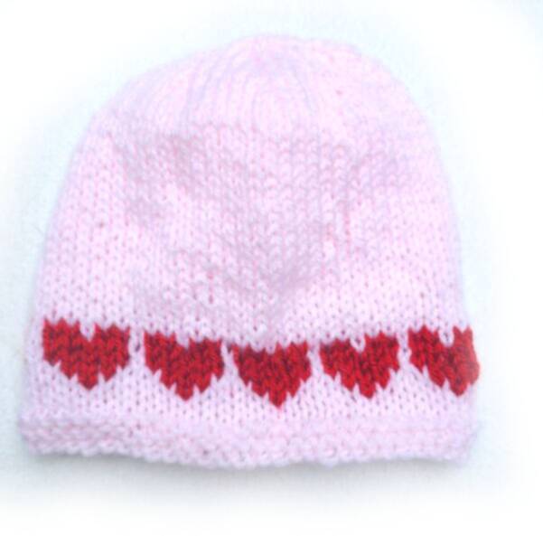 KSS Pink Knitted Cap with Hearts 13-15" (6 Months) HA-802