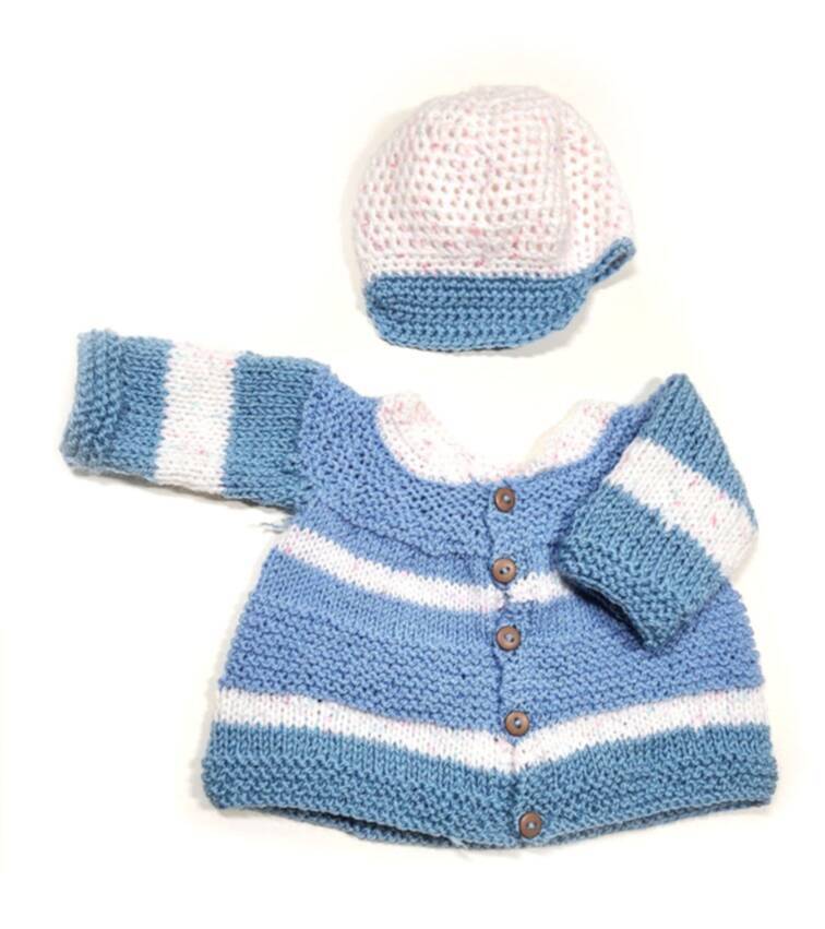 KSS Blue/White Knitted Baby Sweater/Jacket & Cap (9 Months) SW-1045 KSS-SW-1045-ET