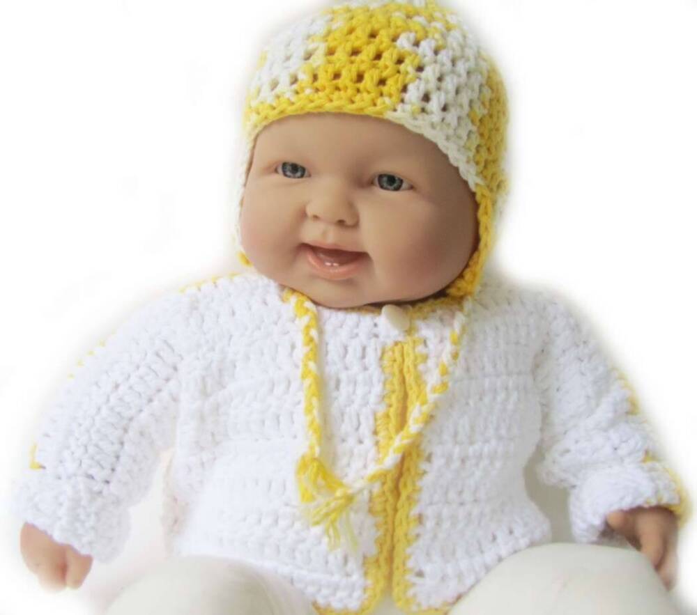 KSS White/Yellow Cotton Sweater/Jacket and Hat (6-9 Months) KSS-SW-134-EB