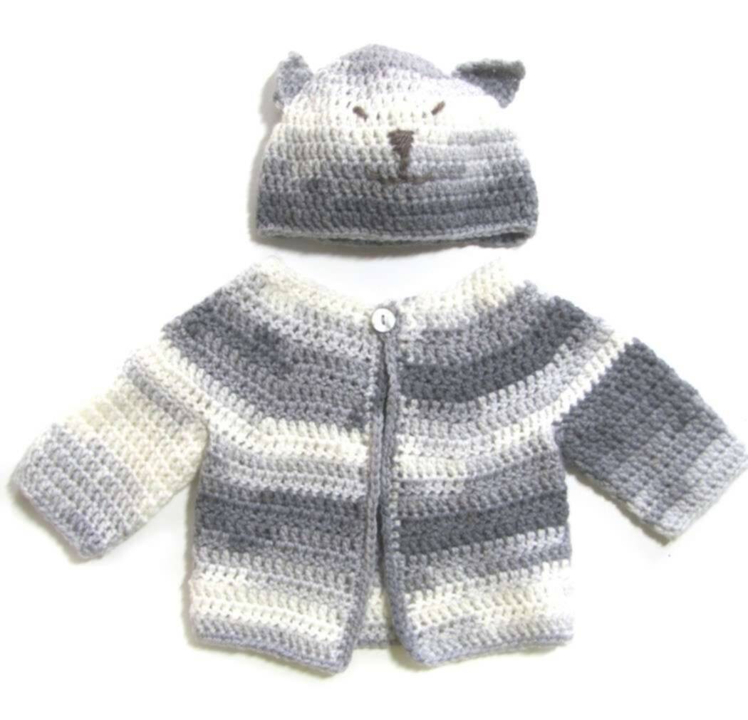 KSS Grey/White Striped Sweater/Cardigan with a Hat (3 Months) - Click Image to Close