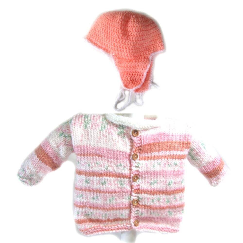 KSS Pink/White Sweater Cardigan & Hat Size 2T - Click Image to Close