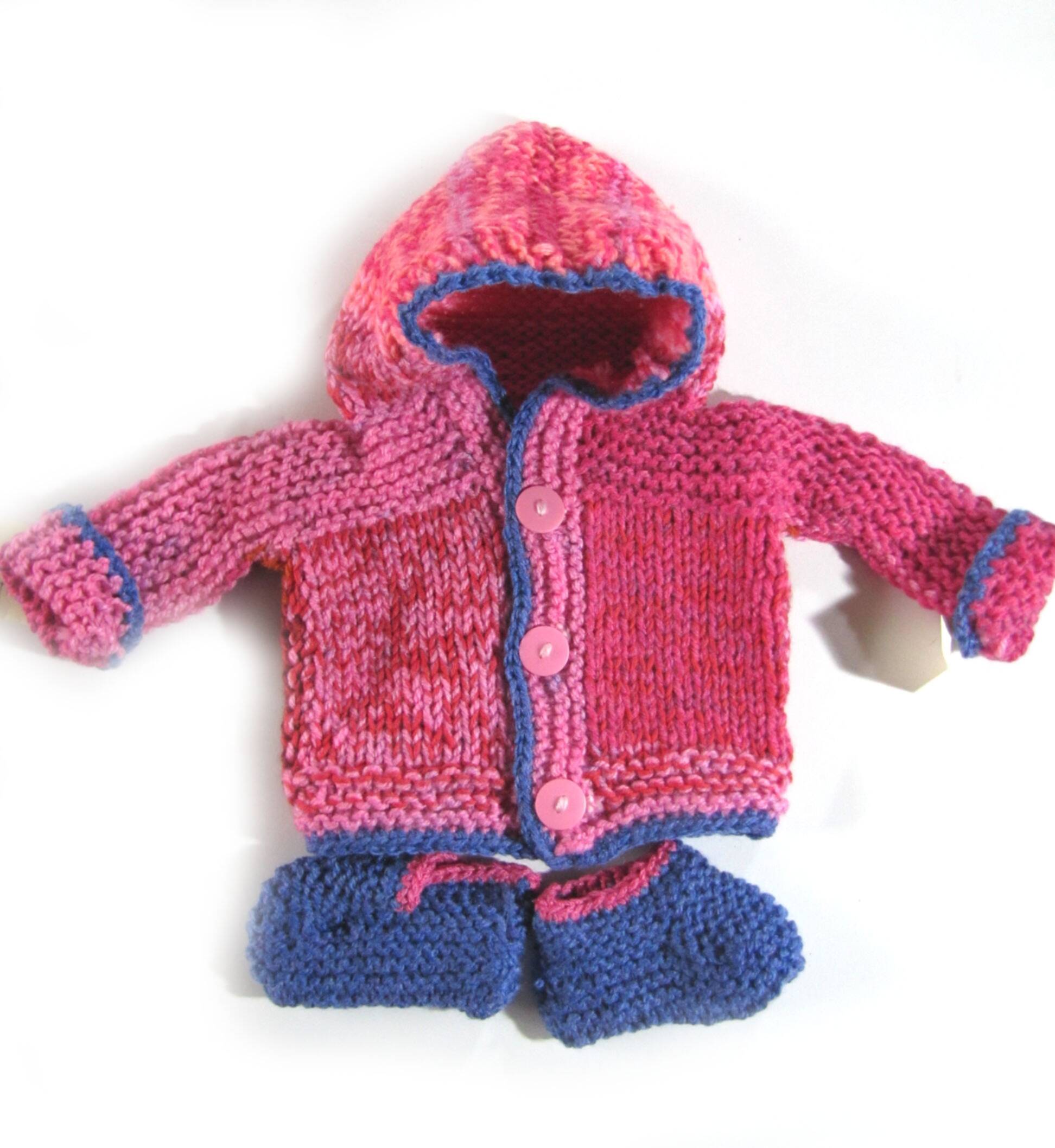 KSS Dark Pink Hooded Baby Sweater & Booties (3 Months) SW-668 - Click Image to Close