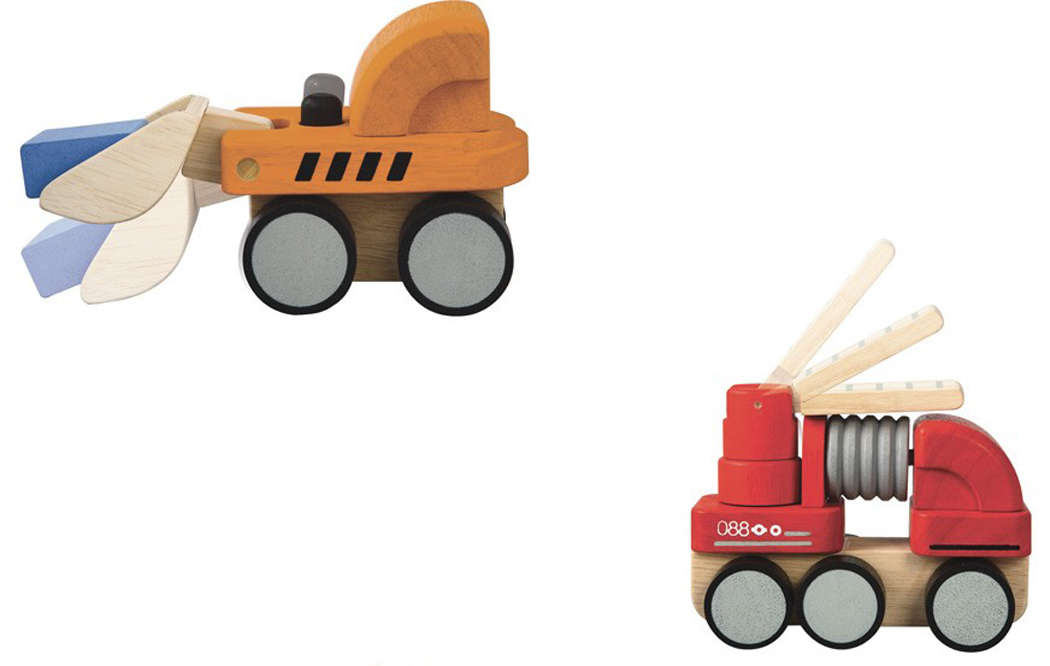 Plan Toys Wooden Bulldozer & Fire Engine 6317 6320 PLAN-6317-20-2PC 